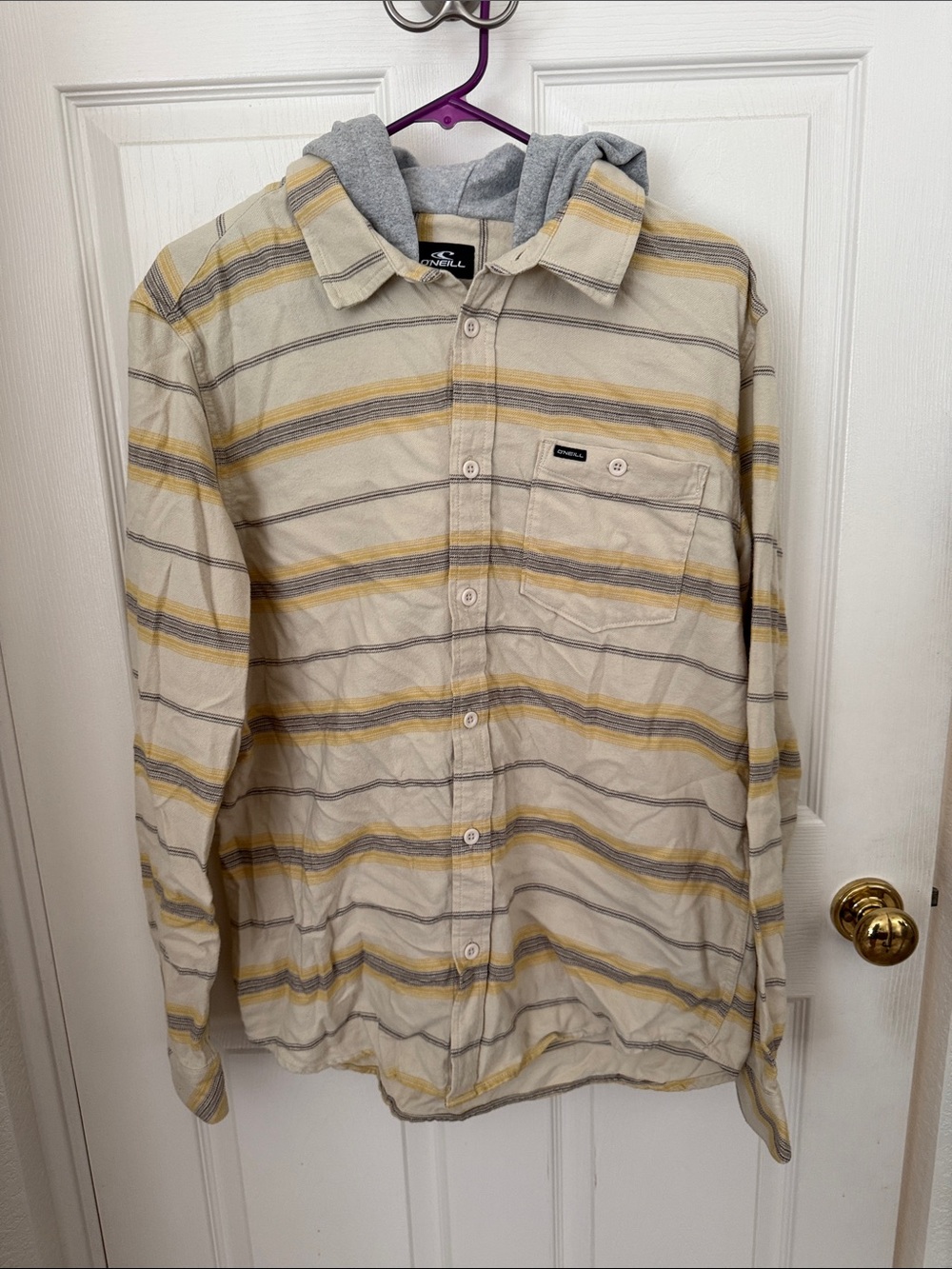 O'Neill Beige Striped Lightweight Hooded Shirt Jacket with Yellow Accents
